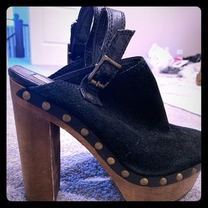 Black suede & wood buckle platforms